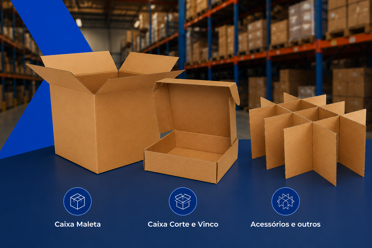 Imagem mostrando 3 tipos de embalagens de papelão